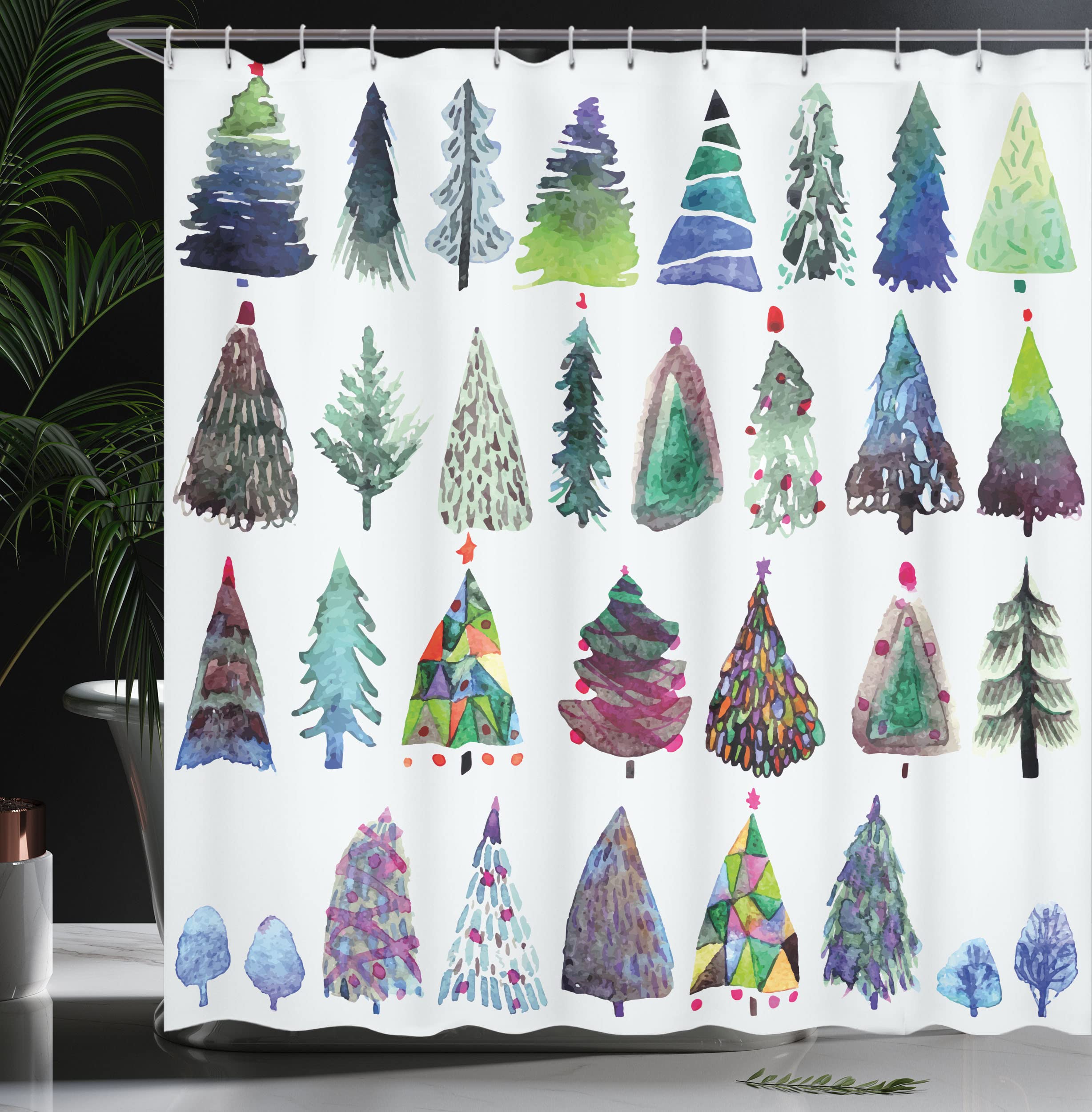 Ambesonne Christmas Shower Curtain, Watercolor Christmas Theme Fir Trees Artistic Abstract Silhouettes Illustration, Cloth Fabri
